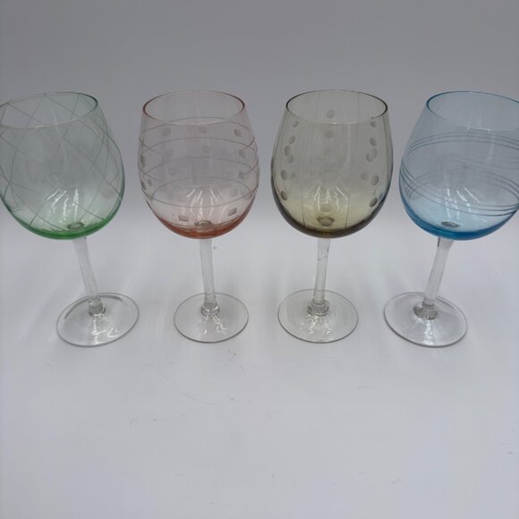 Allegro set 4 Balloon Wine Glasses Hand-Etched 18oz capacity Multicolor design - Picture 8 of 8